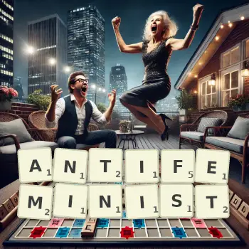 Creative illustration for a Scrabble game with the word ANTIFEMINIST spelled out in tiles on the board.