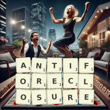 Creative illustration for a Scrabble game with the word ANTIFORECLOSURE spelled out in tiles on the board.