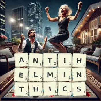 Creative illustration for a Scrabble game with the word ANTIHELMINTHICS spelled out in tiles on the board.