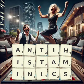 Creative illustration for a Scrabble game with the word ANTIHISTAMINICS spelled out in tiles on the board.