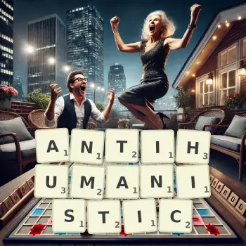 Creative illustration for a Scrabble game with the word ANTIHUMANISTIC spelled out in tiles on the board.