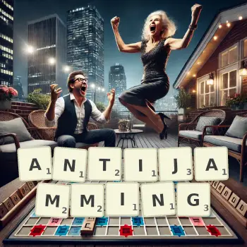 Creative illustration for a Scrabble game with the word ANTIJAMMING spelled out in tiles on the board.