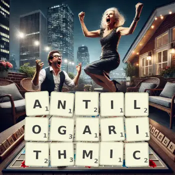 Creative illustration for a Scrabble game with the word ANTILOGARITHMIC spelled out in tiles on the board.
