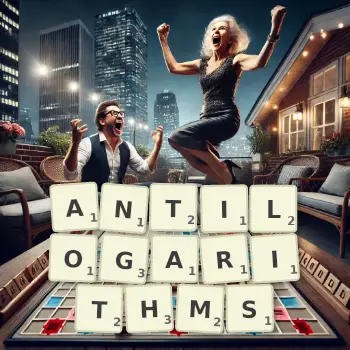 Creative illustration for a Scrabble game with the word ANTILOGARITHMS spelled out in tiles on the board.