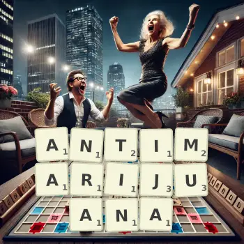 Creative illustration for a Scrabble game with the word ANTIMARIJUANA spelled out in tiles on the board.