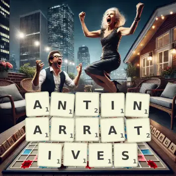 Creative illustration for a Scrabble game with the word ANTINARRATIVES spelled out in tiles on the board.