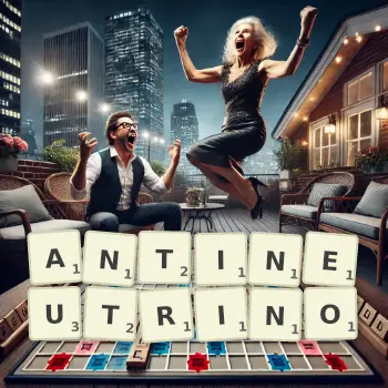Creative illustration for a Scrabble game with the word ANTINEUTRINO spelled out in tiles on the board.