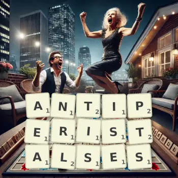 Creative illustration for a Scrabble game with the word ANTIPERISTALSES spelled out in tiles on the board.