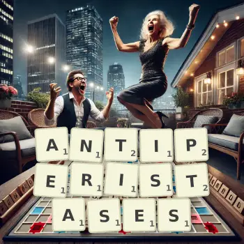 Creative illustration for a Scrabble game with the word ANTIPERISTASES spelled out in tiles on the board.