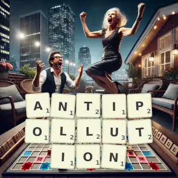 Creative illustration for a Scrabble game with the word ANTIPOLLUTION spelled out in tiles on the board.