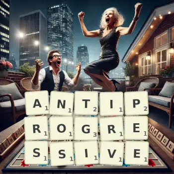 Creative illustration for a Scrabble game with the word ANTIPROGRESSIVE spelled out in tiles on the board.