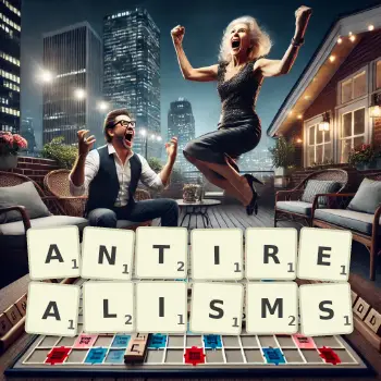 Creative illustration for a Scrabble game with the word ANTIREALISMS spelled out in tiles on the board.