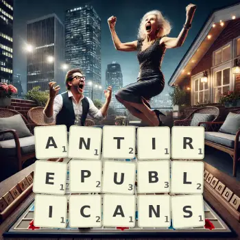 Creative illustration for a Scrabble game with the word ANTIREPUBLICANS spelled out in tiles on the board.