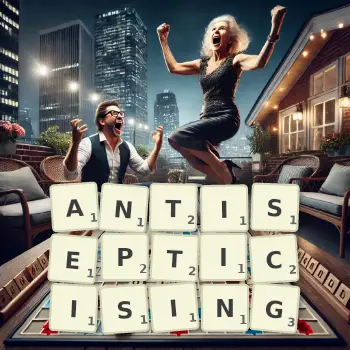 Creative illustration for a Scrabble game with the word ANTISEPTICISING spelled out in tiles on the board.