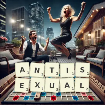 Creative illustration for a Scrabble game with the word ANTISEXUAL spelled out in tiles on the board.