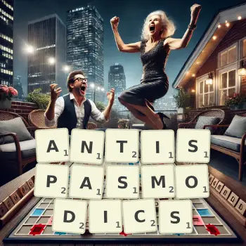 Creative illustration for a Scrabble game with the word ANTISPASMODICS spelled out in tiles on the board.