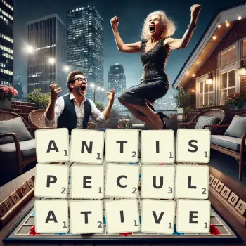 Creative illustration for a Scrabble game with the word ANTISPECULATIVE spelled out in tiles on the board.