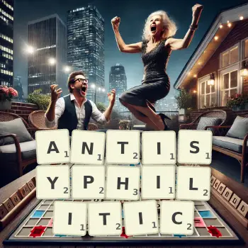 Creative illustration for a Scrabble game with the word ANTISYPHILITIC spelled out in tiles on the board.