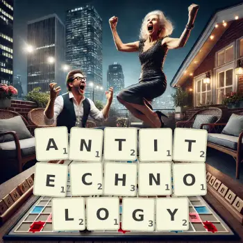 Creative illustration for a Scrabble game with the word ANTITECHNOLOGY spelled out in tiles on the board.
