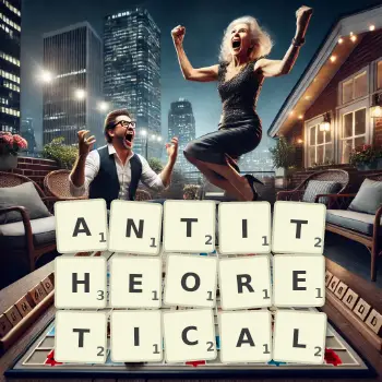 Creative illustration for a Scrabble game with the word ANTITHEORETICAL spelled out in tiles on the board.