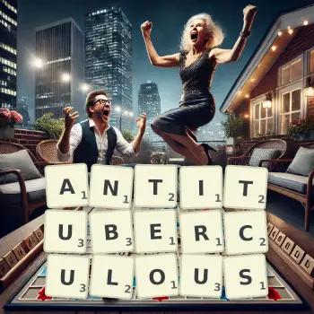 Creative illustration for a Scrabble game with the word ANTITUBERCULOUS spelled out in tiles on the board.