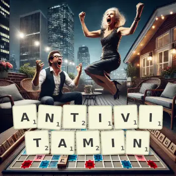 Creative illustration for a Scrabble game with the word ANTIVITAMIN spelled out in tiles on the board.