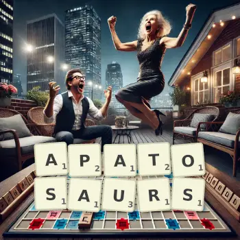Creative illustration for a Scrabble game with the word APATOSAURS spelled out in tiles on the board.
