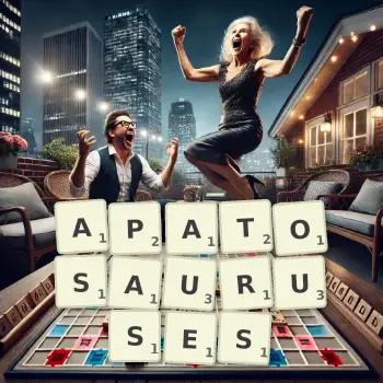 Creative illustration for a Scrabble game with the word APATOSAURUSES spelled out in tiles on the board.