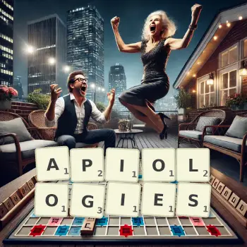 Creative illustration for a Scrabble game with the word APIOLOGIES spelled out in tiles on the board.