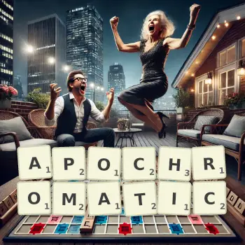 Creative illustration for a Scrabble game with the word APOCHROMATIC spelled out in tiles on the board.