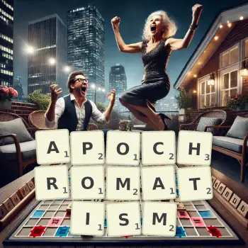 Creative illustration for a Scrabble game with the word APOCHROMATISM spelled out in tiles on the board.