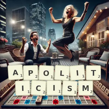 Creative illustration for a Scrabble game with the word APOLITICISM spelled out in tiles on the board.
