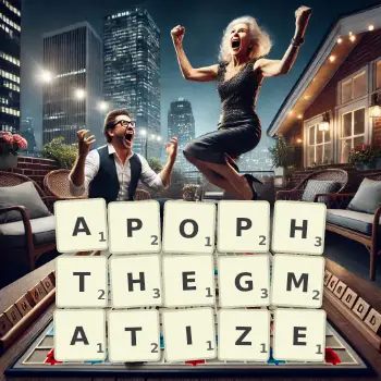 Creative illustration for a Scrabble game with the word APOPHTHEGMATIZE spelled out in tiles on the board.