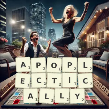 Creative illustration for a Scrabble game with the word APOPLECTICALLY spelled out in tiles on the board.