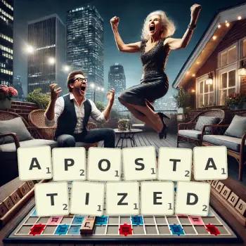 Creative illustration for a Scrabble game with the word APOSTATIZED spelled out in tiles on the board.