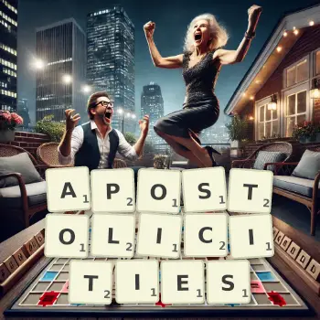 Creative illustration for a Scrabble game with the word APOSTOLICITIES spelled out in tiles on the board.