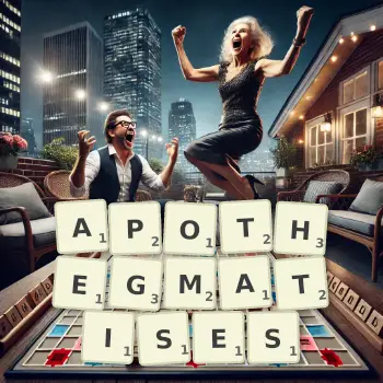 Creative illustration for a Scrabble game with the word APOTHEGMATISES spelled out in tiles on the board.