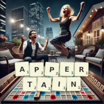 Creative illustration for a Scrabble game with the word APPERTAIN spelled out in tiles on the board.