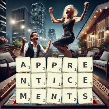 Creative illustration for a Scrabble game with the word APPRENTICEMENTS spelled out in tiles on the board.