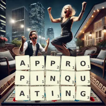 Creative illustration for a Scrabble game with the word APPROPINQUATING spelled out in tiles on the board.
