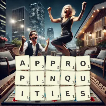 Creative illustration for a Scrabble game with the word APPROPINQUITIES spelled out in tiles on the board.