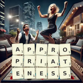 Creative illustration for a Scrabble game with the word APPROPRIATENESS spelled out in tiles on the board.
