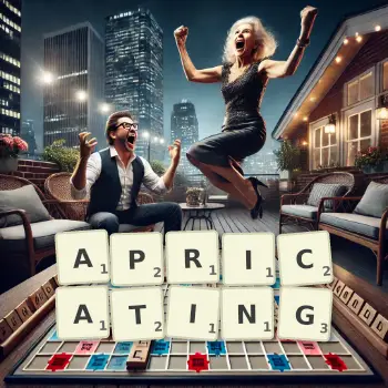 Creative illustration for a Scrabble game with the word APRICATING spelled out in tiles on the board.
