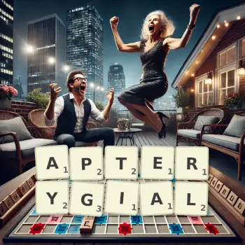 Creative illustration for a Scrabble game with the word APTERYGIAL spelled out in tiles on the board.
