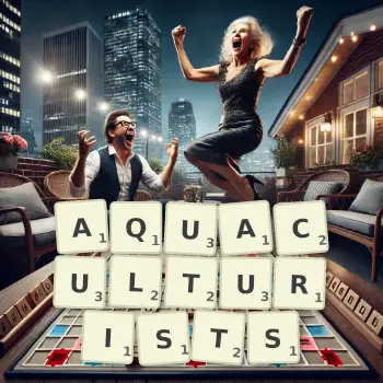 Creative illustration for a Scrabble game with the word AQUACULTURISTS spelled out in tiles on the board.