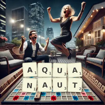 Creative illustration for a Scrabble game with the word AQUANAUT spelled out in tiles on the board.