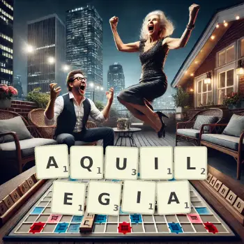 Creative illustration for a Scrabble game with the word AQUILEGIA spelled out in tiles on the board.