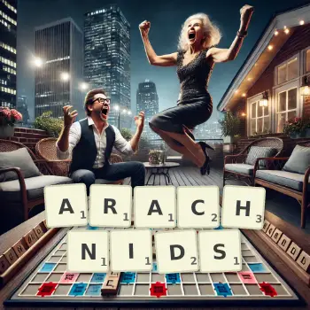 Creative illustration for a Scrabble game with the word ARACHNIDS spelled out in tiles on the board.