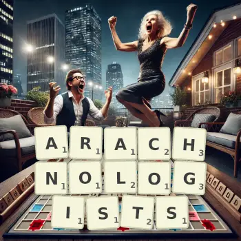 Creative illustration for a Scrabble game with the word ARACHNOLOGISTS spelled out in tiles on the board.