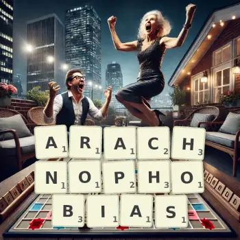 Creative illustration for a Scrabble game with the word ARACHNOPHOBIAS spelled out in tiles on the board.